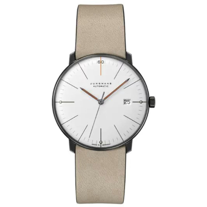 Junghans Max Bill Automatic Mens Wrist Watch - 38mm Edition Set 60 Analog Watch with Luminous Substance and Water Resistance, Light Grey Leather Strap