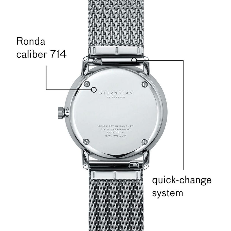 Sternglas Naos Quartz Watch Milanaise Strap | Black Silver/Silver