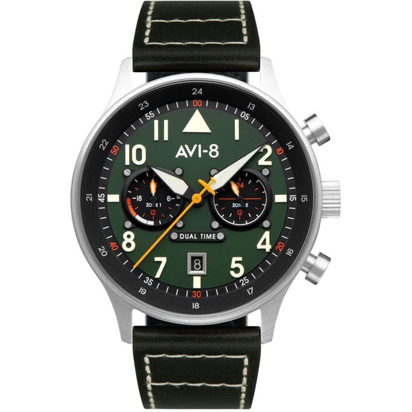 AVI-8 Hawker Hurricane AV-4088-02 Carey Dual Time Merville Japanese Quartz Watch | Stainless Steel/Dark Brown/Green
