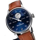 MeisterSinger Lunascope Watch | Sunburst Blue Dial / Croco Print Calf Leather Cognac