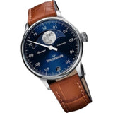 MeisterSinger Lunascope Watch | Sunburst Blue Dial / Croco Print Calf Leather Cognac