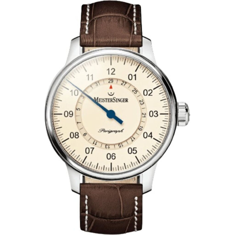 MeisterSinger Perigraph Watch | Ivory Dial / Croco Print Calf Leather Brown w/ White Stitching