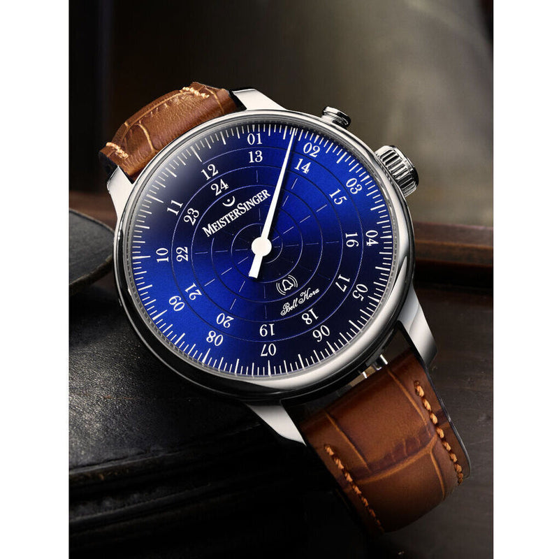 MeisterSinger Bell Hora Watch | Sunburst Blue Dial / Croco Print Calf Leather Cognac