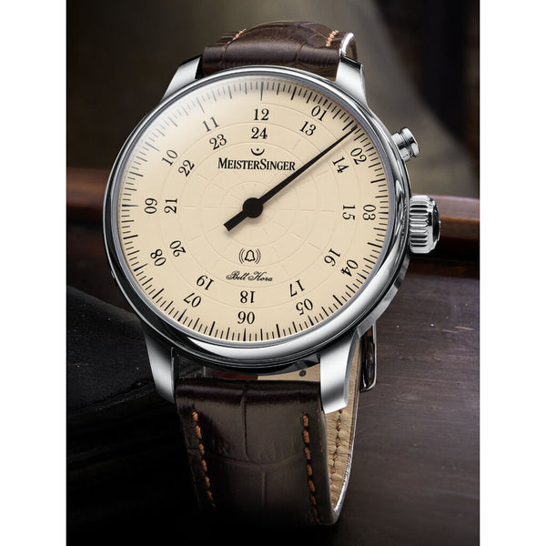 MeisterSinger Bell Hora Watch | Natural Ivory Dial / Croco Print Calf Leather Brown