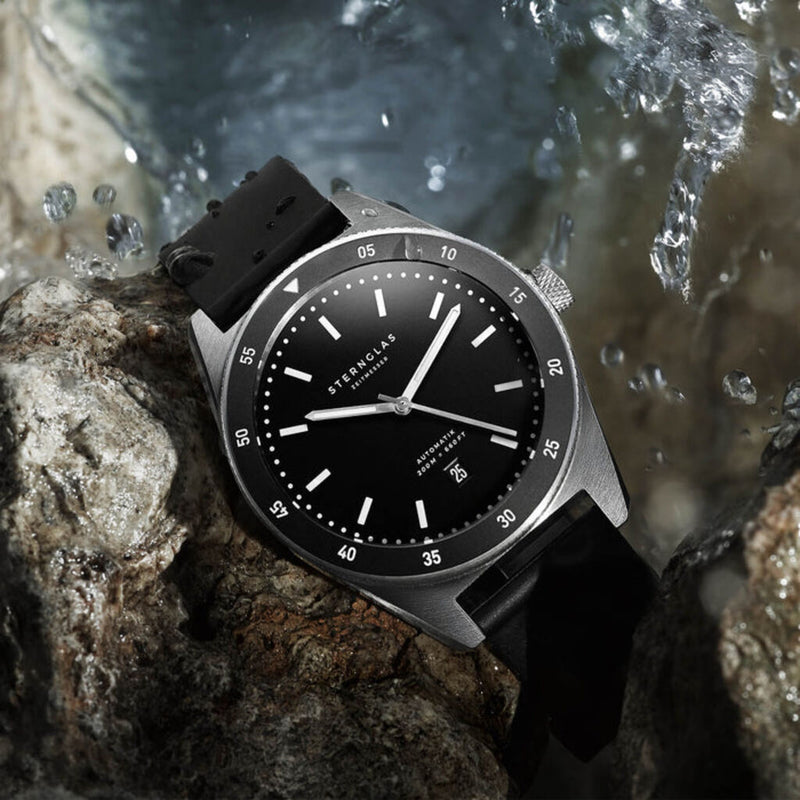 Sternglas Marus Automatic Watch | Black Dial / Rubber Black Strap