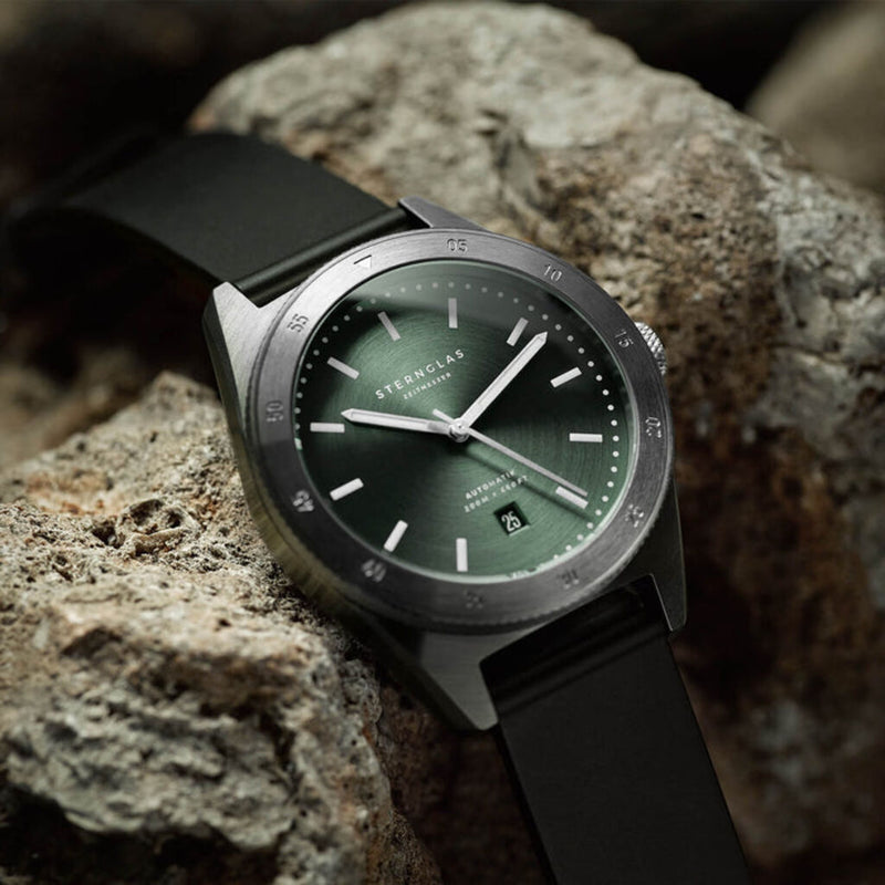 Sternglas Marus Automatic Watch | Green Dial / Rubber Black Strap