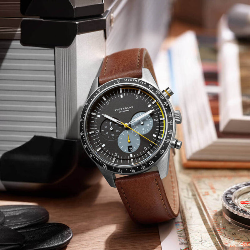 Sternglas Tachymeter Quartz Watch | Black Dial / Modena Brown Strap