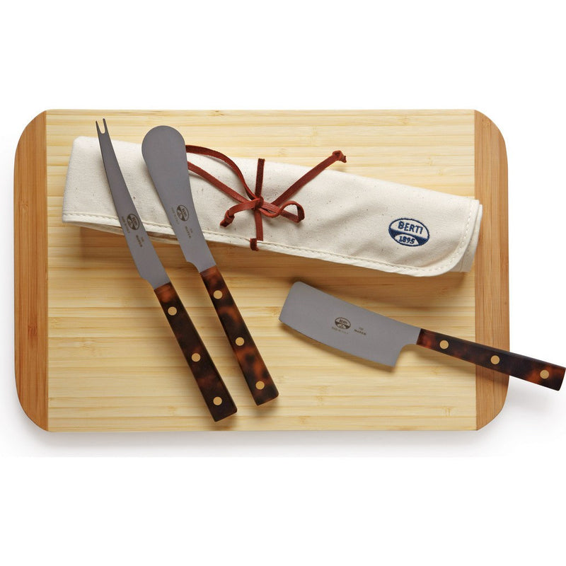 Coltellerie Berti Set of 3 Cheese Knives w/ Fabric Roll | Tortoise Handles-435
