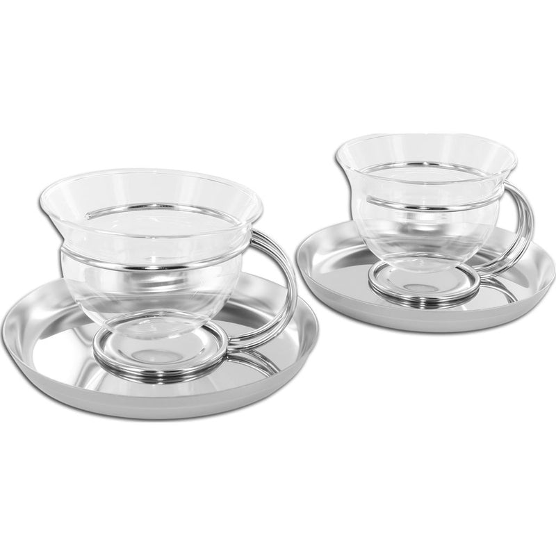 Mono Filio Glass Teacups 2 pc. Set w/ Saucers | Stainless Steel