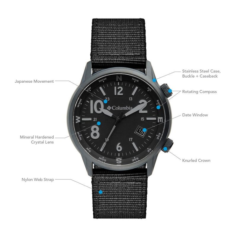 Columbia Outbacker Black 3-Hand Date Men's Lifestyle Analog Watch | Black Nylon