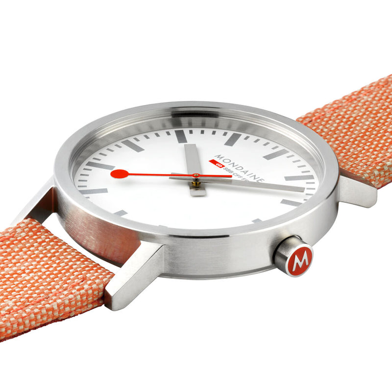 Mondaine Classic Official Swiss Railways Watch | Stainless Steel Brushed/White Dial/Orange