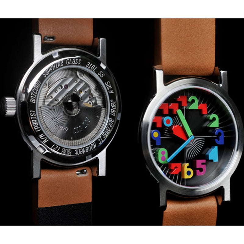 Anicorn - M/M Paris "2" Collection - Timepiece "2Happy" Watch (100Pcs Worldwide) | Japan Miyota 9015 Automatic Movement,  Colored 3D Dial In A Metallic Black Case, Brown Leather Strap