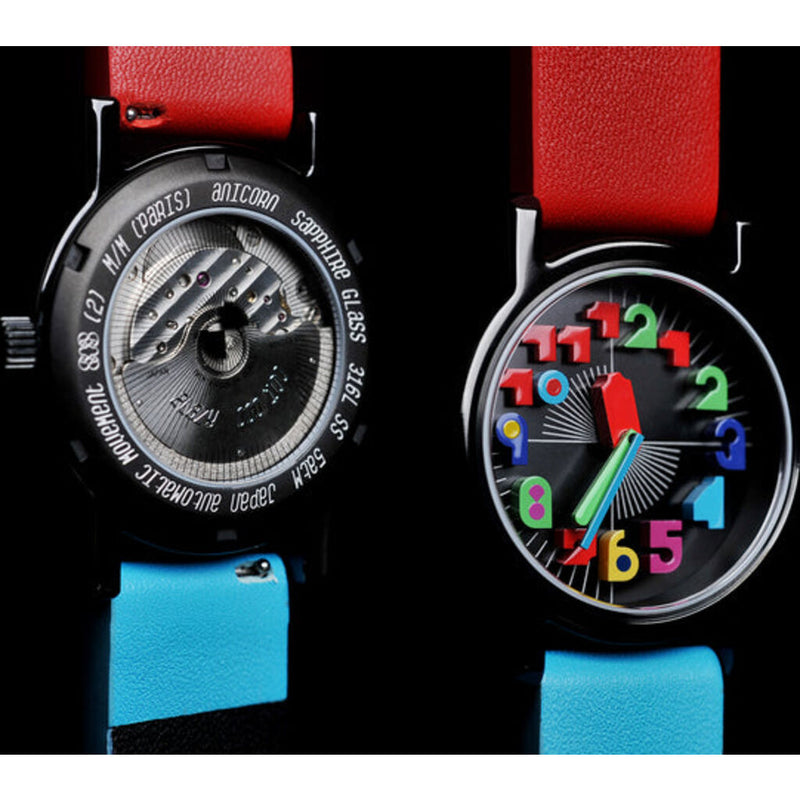 Anicorn - M/M Paris "2" Collection - Timepiece "2Lazy" Watch (100Pcs Worldwide) | Japan Miyota 9015 Automatic Movement,  Colored 3D Dial In A Metallic Black Case, Red-Teal Leather Strap
