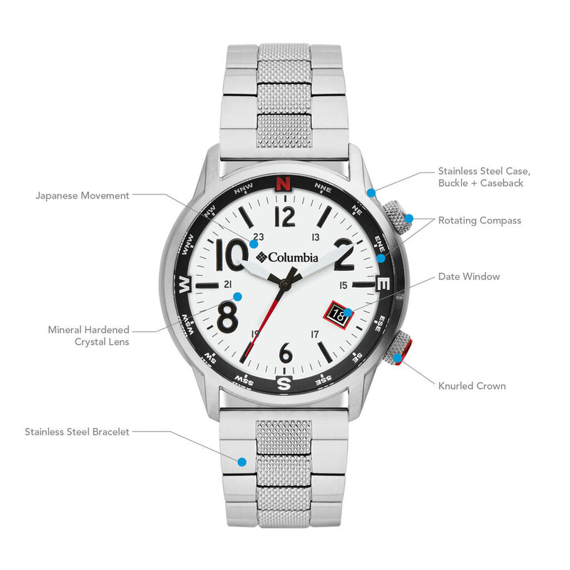 Columbia Outbacker White 3-Hand Date Men's Lifestyle Analog Watch | Stainless Steel Bracelet