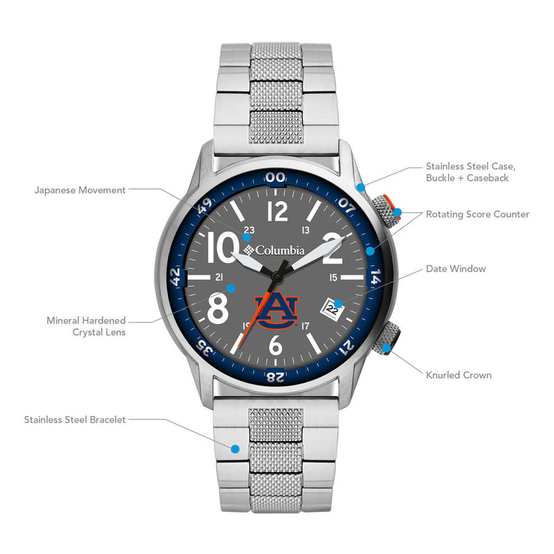 Columbia Collegiate Outbacker Auburn Tigers Men's Analog Watch | Stainless Steel Bracelet