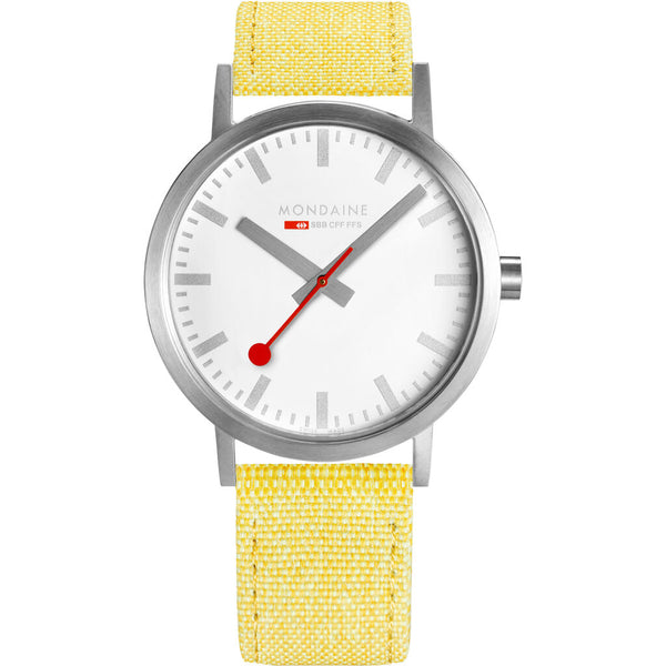 Mondaine Classic Official Swiss Railways Watch | Stainless Steel Brushed/White Dial/Yellow