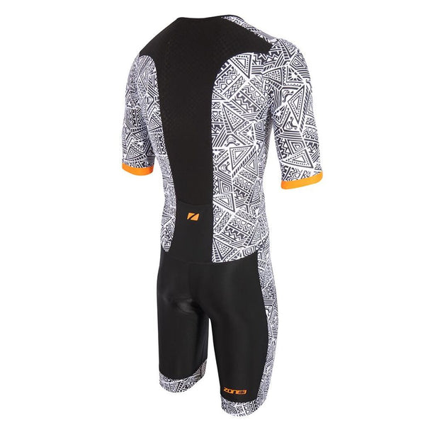 Zone3 Men's Activate Plus Kona Speed Short Sleeve Full Zip Trisuit | Black/White/Neon Orange