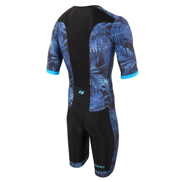 Zone3 Men's Activate Plus Tropical Palm Short Sleeve Full Zip Trisuit | Black/Blue