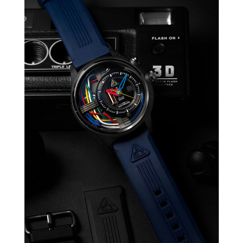 The Electricianz CARBON Z RUBBER 45mm | Blue Rubber Strap/ Nylon