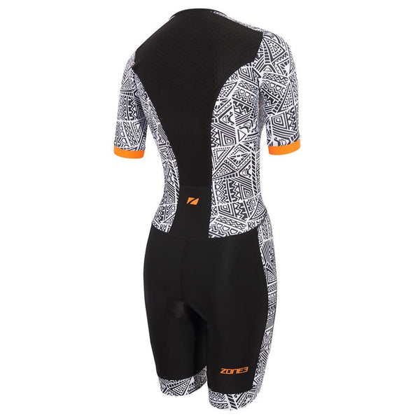 Zone3 Women's Activate Plus Kona Speed Short Sleeve Full Zip Trisuit | Black/White/Neon Orange