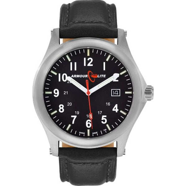 ArmourLite Field Series Genuine Leather Mens Watch | Diameter: 42mm Thickness: 10.8mm - Shatterproof Armourglass - Black Dial