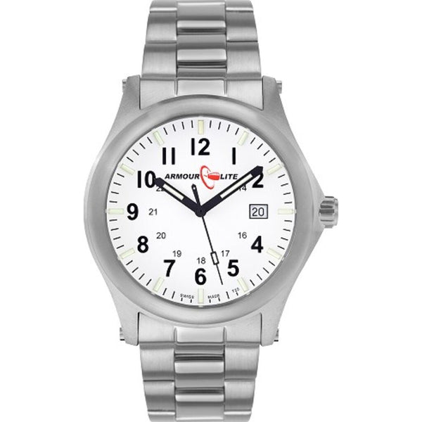 ArmourLite Field Series Stainless Steel Mens Watch | Diameter: 42mm Thickness: 10.8mm - Shatterproof Armourglass - White Dial