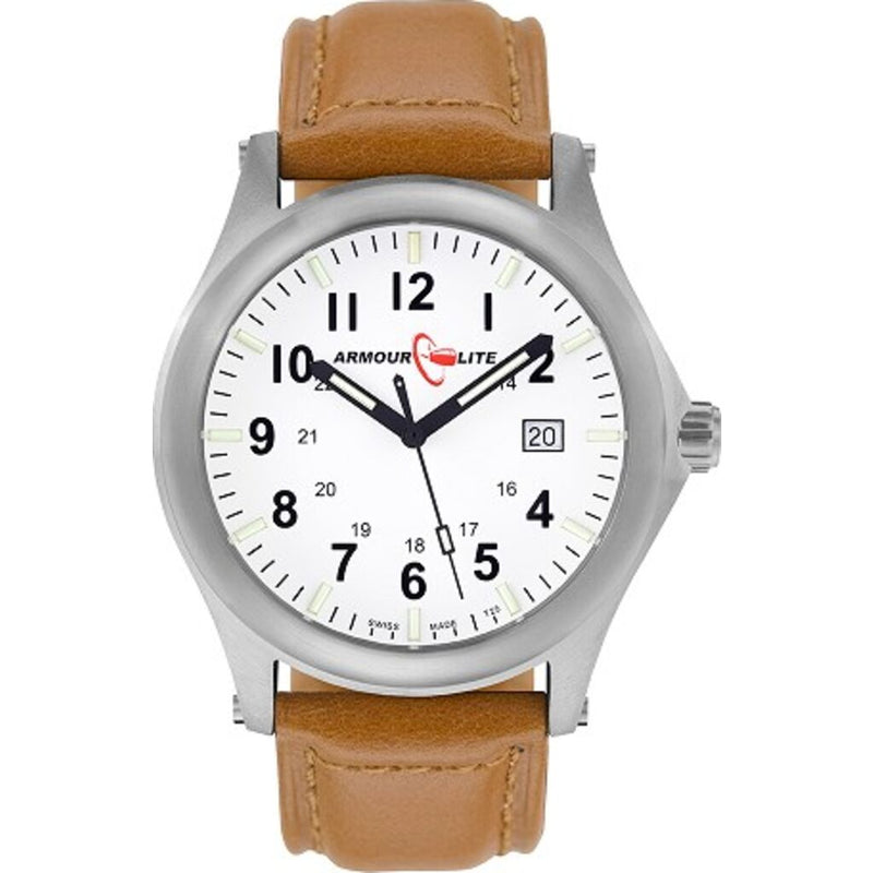 ArmourLite Field Series Genuine Leather Mens Watch | Diameter: 42mm Thickness: 10.8mm - Shatterproof Armourglass - White Dial