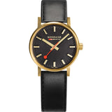 Mondaine Official Swiss Railways Watch EVO2 | Gold plated/Black Dial/Black Leather Strap