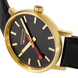 Mondaine Official Swiss Railways Watch EVO2 | Gold plated/Black Dial/Black Leather Strap