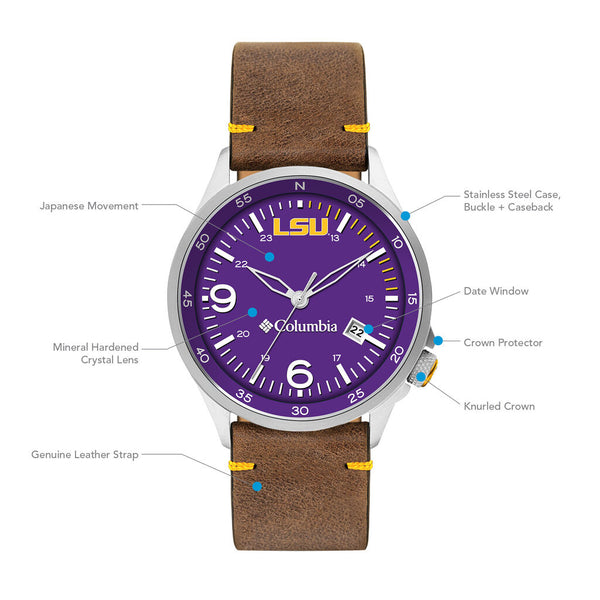 Columbia Collegiate Canyon Ridge LSU Tigers Men's Analog Watch | Saddle Color Leather Strap