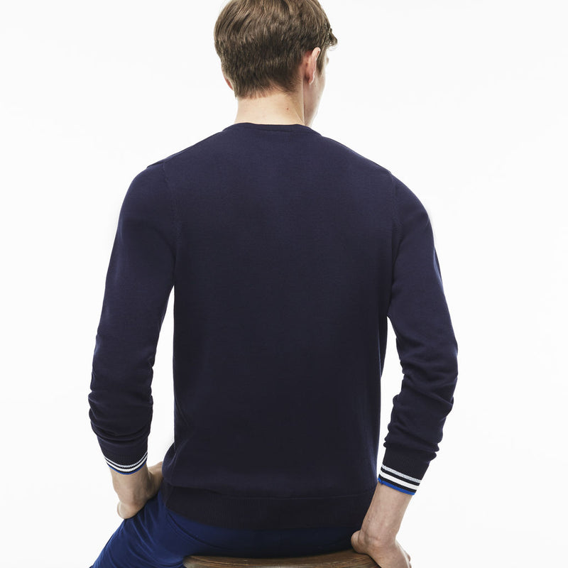 Lacoste Stripe Accented Men's V-Neck Sweater | Navy Blue
