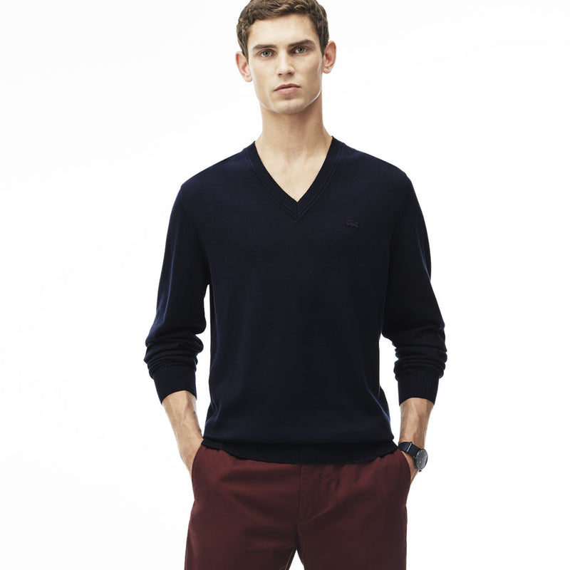 Lacoste Ribbed Men's V-Neck Sweater | Navy Blue