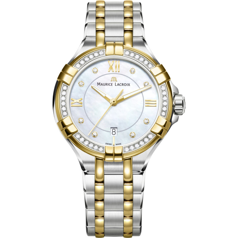 Maurice Lacroix Women's Aikon 30mm Mother of Pearl Watch | Silver/Diamond/Gold AI1004-DY503-171-1