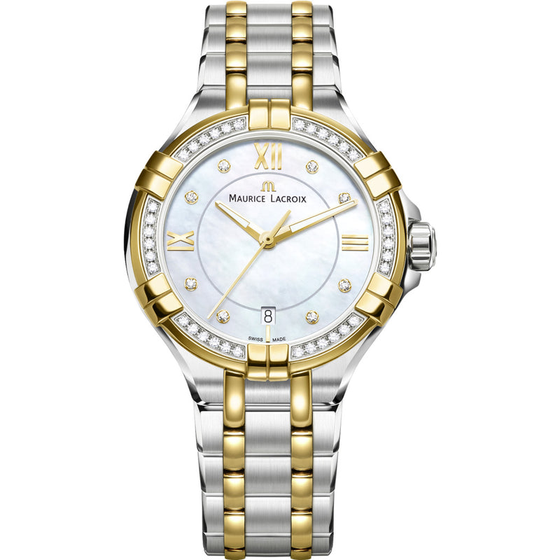 Maurice Lacroix Women's Aikon 35mm Mother of Pearl Watch | Silver/Diamond/Gold AI1006-DY503-171-1