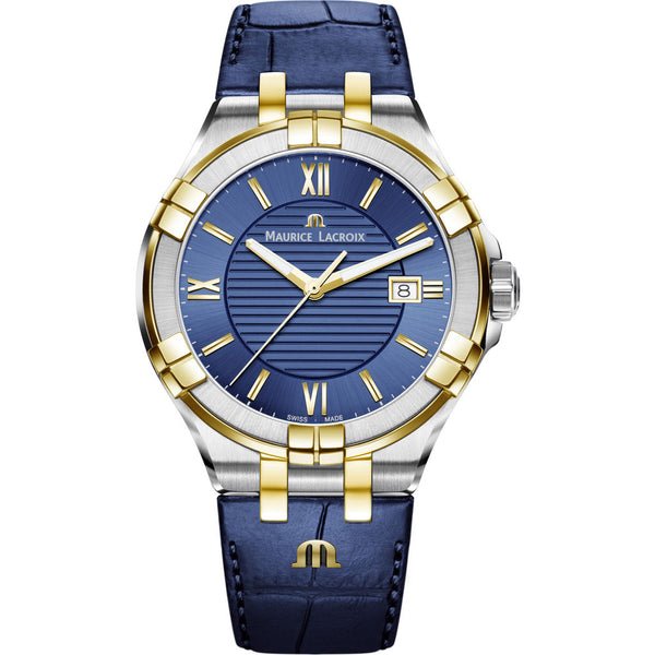 Maurice Lacroix Men's Aikon 42mm Roman Index Watch | Silver/Gold/Blue Leather Strap AI1008-PVY11-432-1