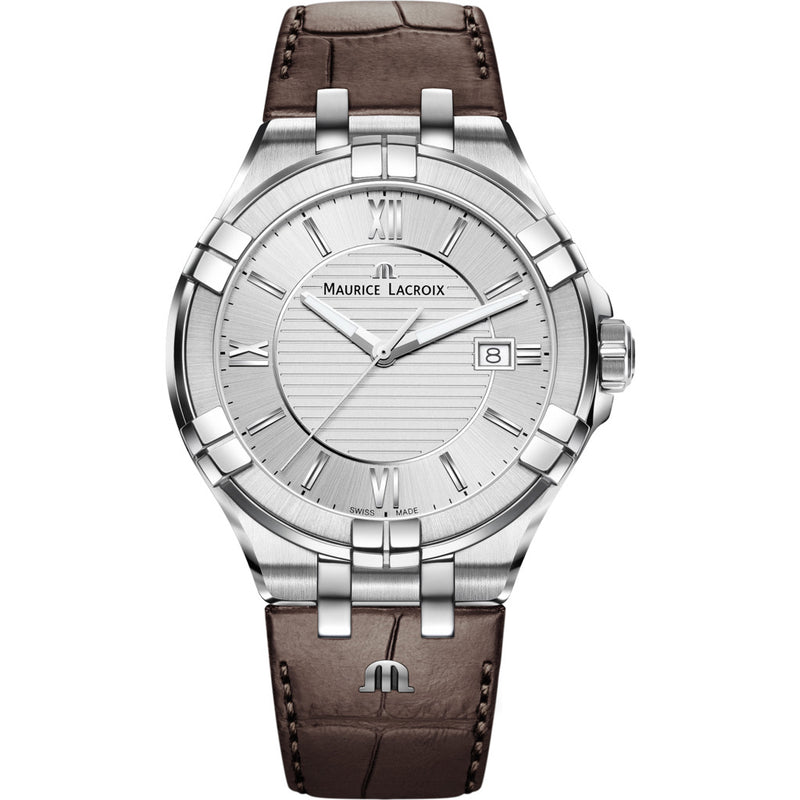 Maurice Lacroix Men's Aikon 42mm Roman Index Watch | Silver/Brown Leather AI1008-SS001-130-1