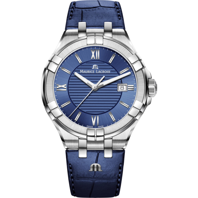 Maurice Lacroix Men's Aikon 42mm Roman Index Watch | Silver/Blue Leather AI1008-SS001-430-1