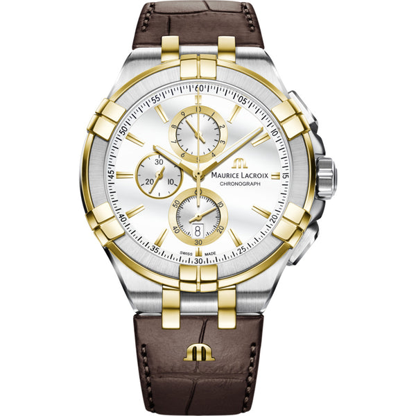 Maurice Lacroix Aikon Chronograph 44mm Watch | Silver/Gold/Brown Leather AI1018-PVY11-132-1