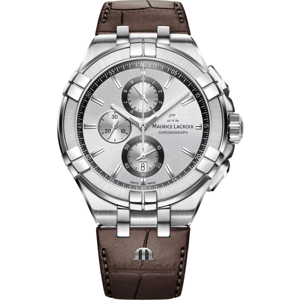 Maurice Lacroix Aikon Chronograph 44mm Watch | Silver/Brown Leather AI1018-SS001-130-1