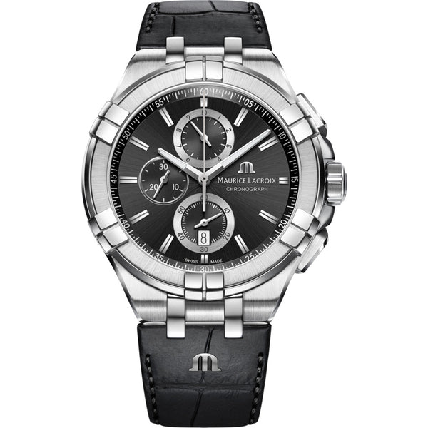 Maurice Lacroix Aikon Chronograph 44mm Watch | Silver/Black Leather AI1018-SS001-330-1