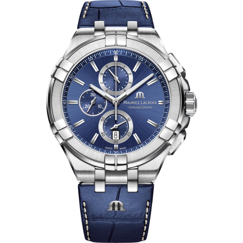 Maurice Lacroix Aikon Chronograph 44mm Watch | Blue/Blue Leather AI1018-SS001-430-1