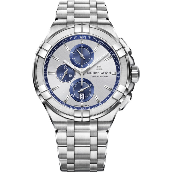 Maurice Lacroix Aikon Chronograph 44mm Watch | Silver/Blue Accent AI1018-SS002-131-1