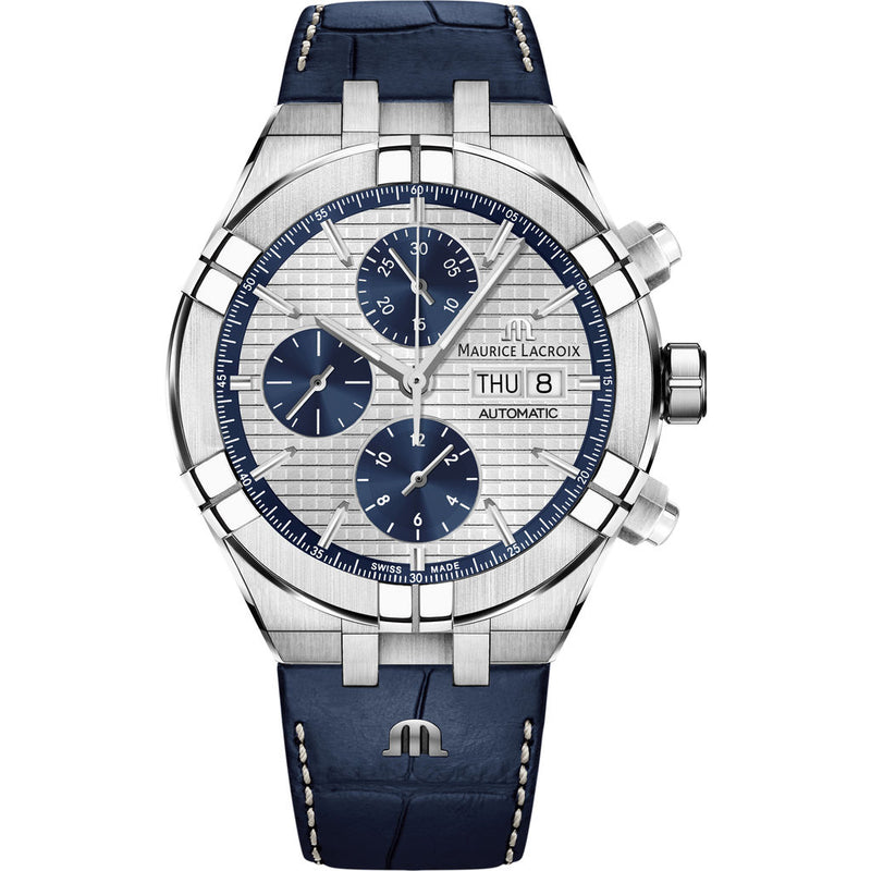 Maurice Lacroix Aikon Automatic Chronograph 44mm Watch | Anthracite/Blue Leather AI6038-SS001-131-1