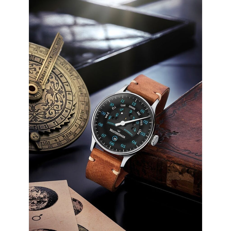 MeisterSinger Astroscope Watch | Black w/ Blue accent / Croco Print Calf Leather Cognac