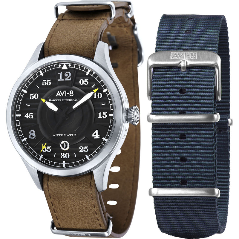 AVI-8 Hawker Hurricane AV-4046 Automatic Watch | Leather + Nylon Straps color- Black/Beige/Beige