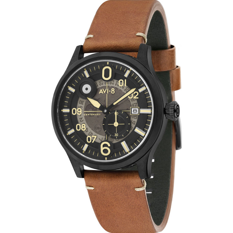 AVI-8 Flyboyn AV-4060 Centerary 1960s Watch | Leather Strap Color-Black/ Brown