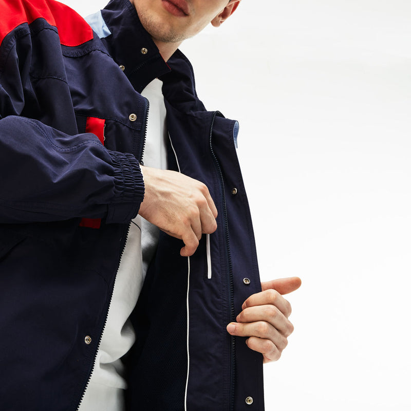 Lacoste Men's Detachable Hood Water-Resistant Parka Coat | Navy Blue/Red/Light Blue_4XL(60)