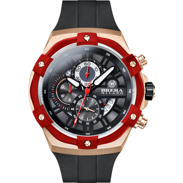 Brera Milano Supersportivo Evo Chronograph Watch | Brushed Rose Gold/Red IP/Black Strap