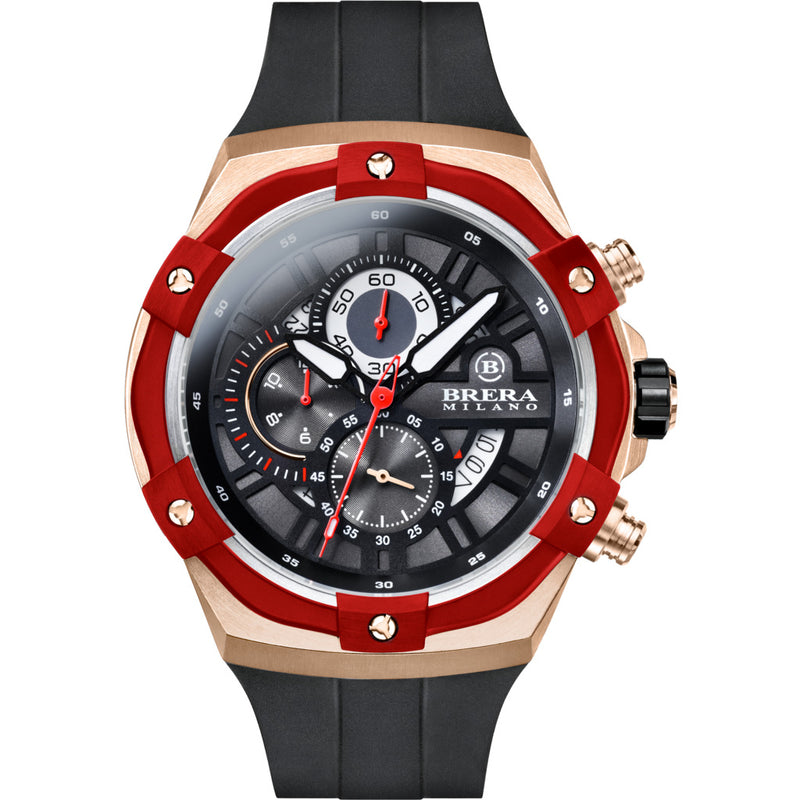 Brera Milano Supersportivo Evo Chronograph Watch | Brushed Rose Gold/Red IP/Black Strap
