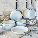 GreenPan Padova Collection 10 Piece Set, 8" Open Frypan, 11" Open Frypan, 3.2QT Covered Sauté Pan, 2QT Covered Sauce Pan, 3QT Covered Sauce Pan with lid, 5QT Covered Casserole | Light Blue